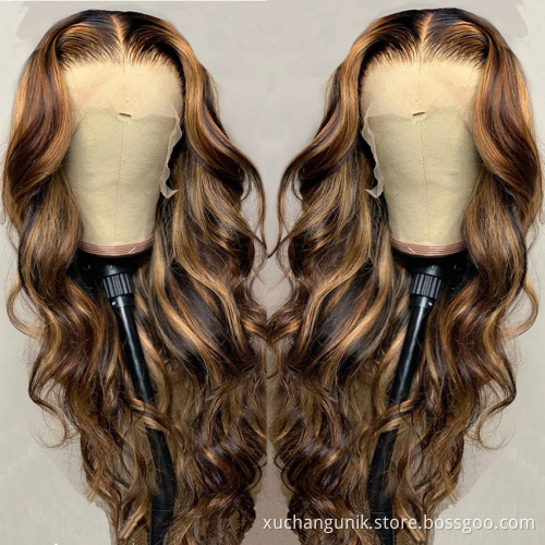 Highlight Wig Vendor Wholesale 1b Honey Blonde Ombre Hair Wig With Dark Roots Mink Peruvian Virgin Human Hair HD Lace Front Wig